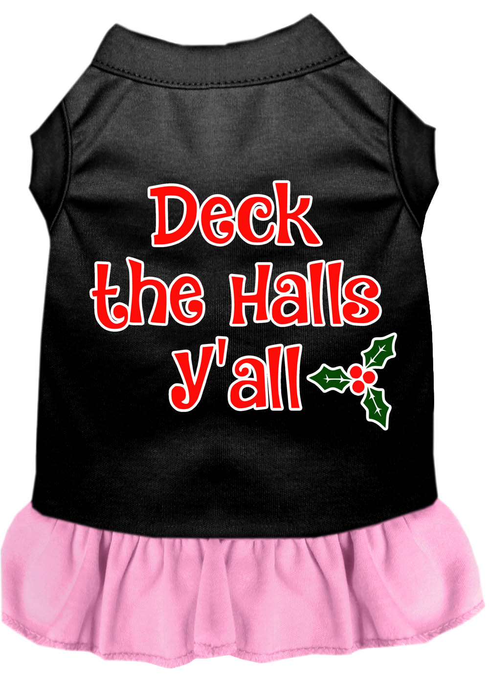 Deck the Halls Y'all Screen Print Dog Dress Black with Light Pink Lg